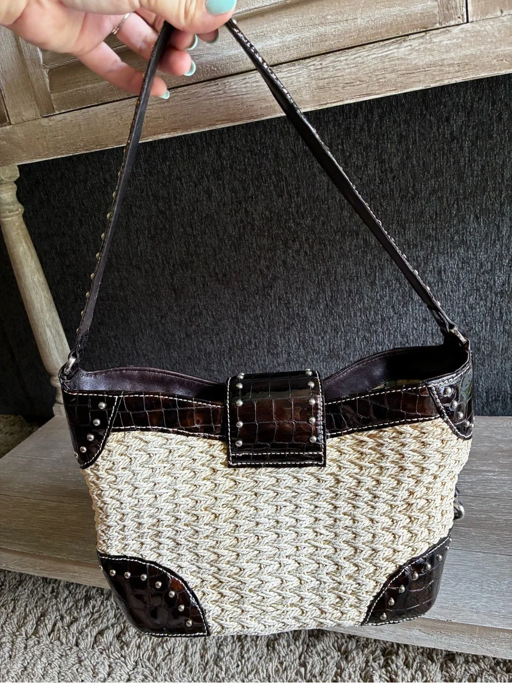 Vintage Brighton Woven Tan Straw Shoulder Bag With Paten Leather Croc Embossed
